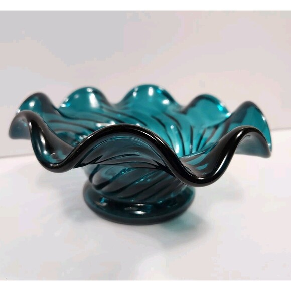 Unmarked Other - Vtg Cobalt Blue Glass Swirl Bowl Ruffled Edges Candy Dish
